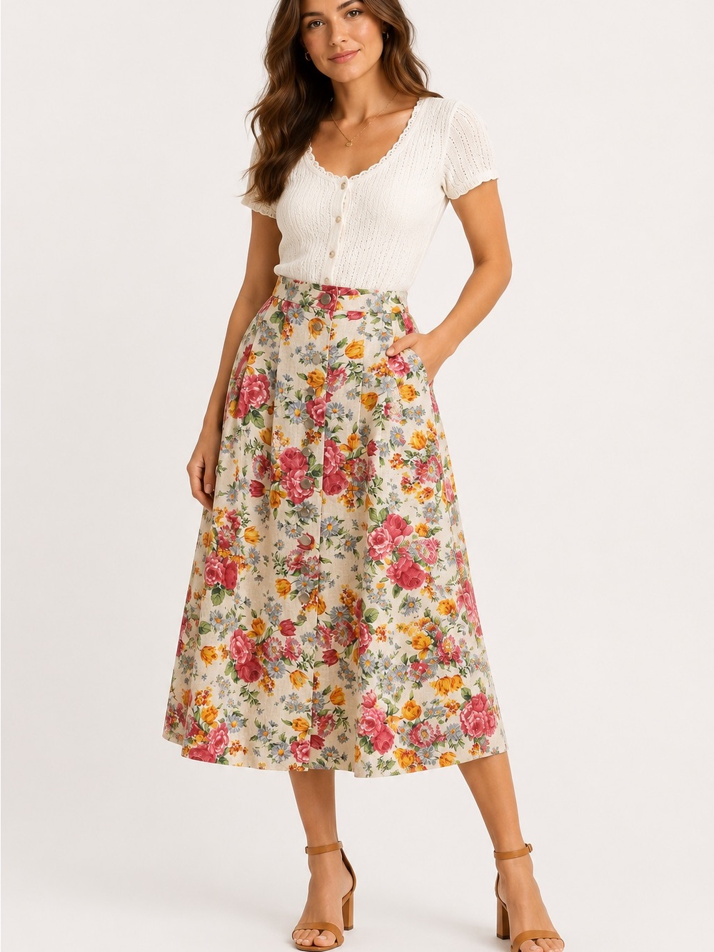 Vintage 80/90’s Geiger Austria Floral Linen Blend Button Front Midi Skirt Size 8